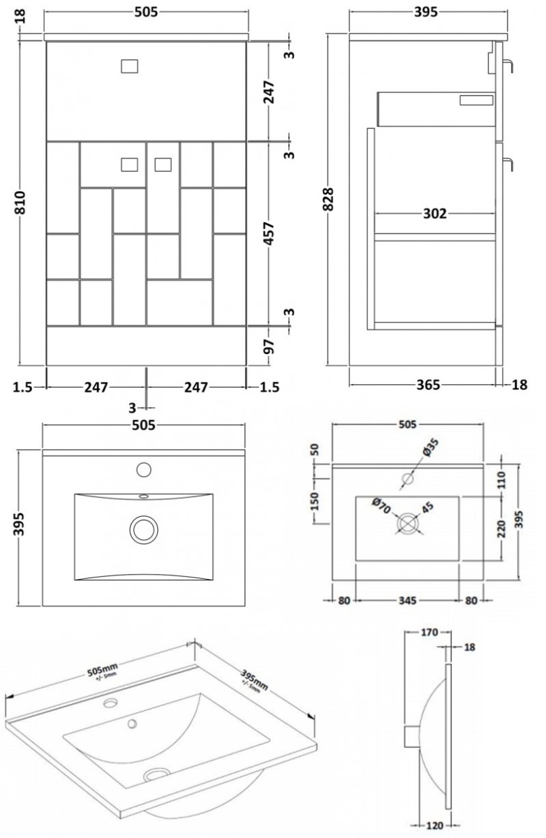 Nuie Blocks 2-Door and 1-Drawer Floor Standing Vanity Unit with Basin-2 500mm Wide - Satin Grey - BLO204B - 505mmx828mmx395mm