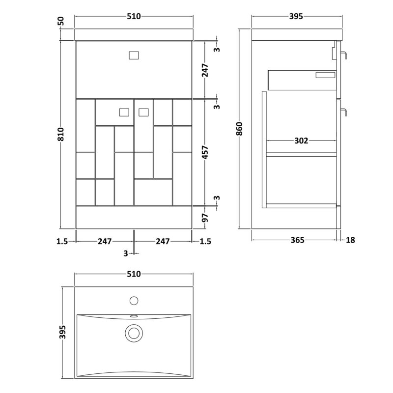 Nuie Blocks 2-Door and 1-Drawer Floor Standing Vanity Unit with Basin-3 500mm Wide - Satin Blue - BLO304D - 510mmx860mmx390mm