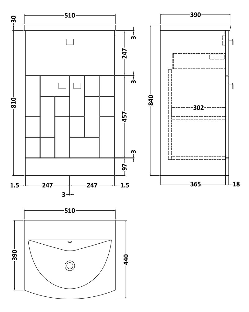 Nuie Blocks 2-Door and 1-Drawer Floor Standing Vanity Unit with Basin-4 500mm Wide - Satin Grey - BLO204G - 510mmx840mmx390mm