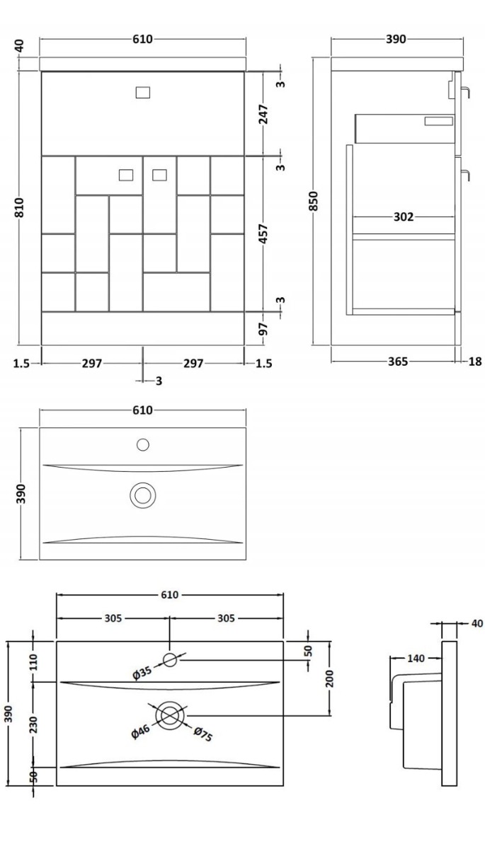 Nuie Blocks 2-Door and 1-Drawer Floor Standing Vanity Unit with Basin-1 600mm Wide - Satin Grey - BLO201A - 610mmx850mmx390mm