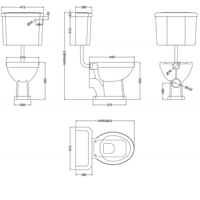 Nuie Carlton White Traditional Low Level Pan, Cistern & Flush Pipe Kit - CCT001 - 472mmx985mmx660mm