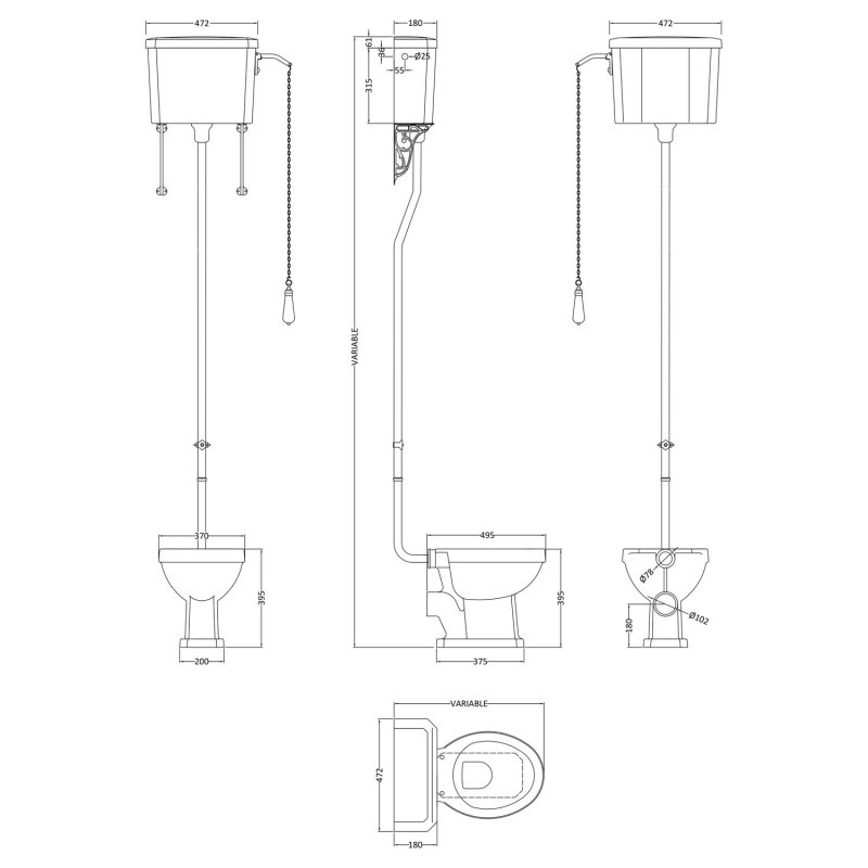Nuie Carlton White Traditional High Level Pan, Cistern & Flush Pipe Kit - CCT002 - 472mmx2140mmx625mm