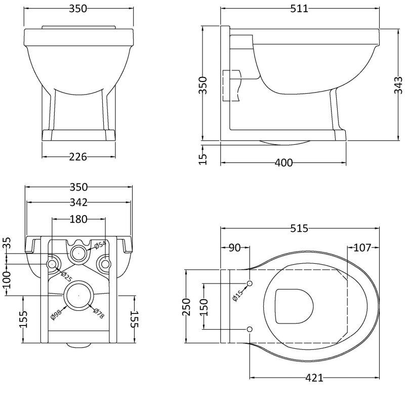 Nuie Carlton 518mm Projection Wall Hung Toilet - Excluding Seat - White - NCS840 - 350mmx343mmx515mm