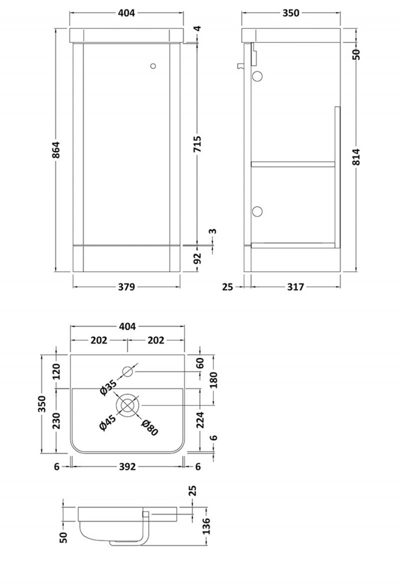 Nuie Core 1-Door Floor Standing Vanity Unit with Thin Edge Basin 400mm Wide - Gloss White - COR102 - 405mmx864mmx355mm