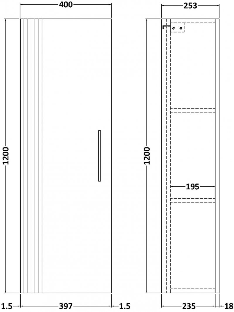 Nuie Deco 400mm Wide Wall Hung 1-Door Tall Unit - Satin Grey - FLT262 - 400mmx1200mmx253mm