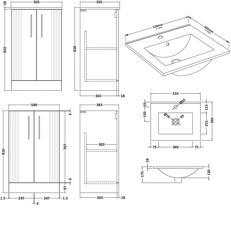 Nuie Deco 500mm Wide Floor Standing 2-Door Vanity Unit with Basin-2 - Satin Grey - DPF223B - 500mmx828mmx383mm