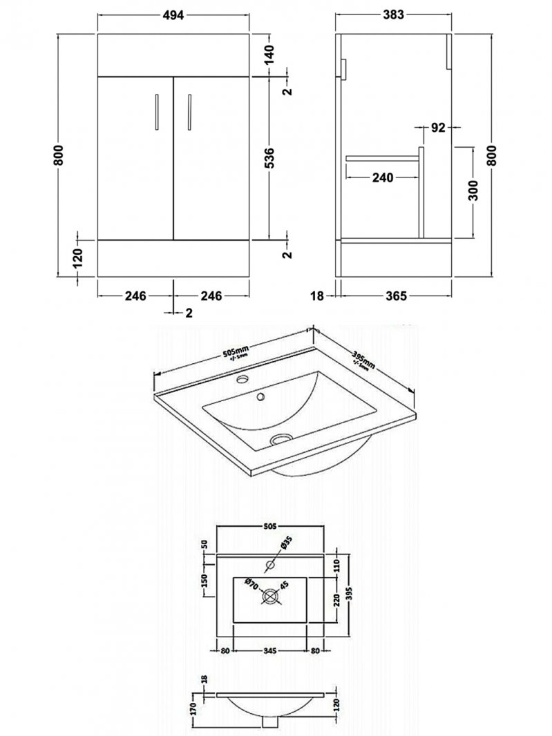 Nuie 2-Door Eden Floor Standing Vanity Unit and Basin 500mm Wide -2 Gloss White - VTMW500 - 510mmx840mmx390mm