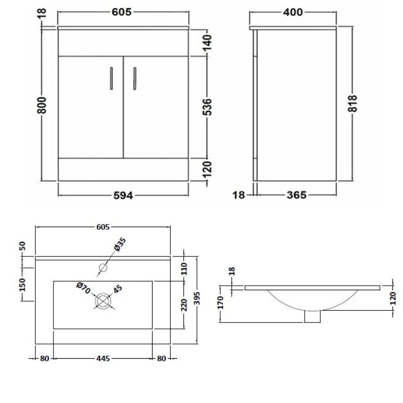 Nuie 2-Door Eden Floor Standing Vanity Unit and Basin-2 Gloss White - 600mm Wide - VTMW600 - 610mmx840mmx390mm