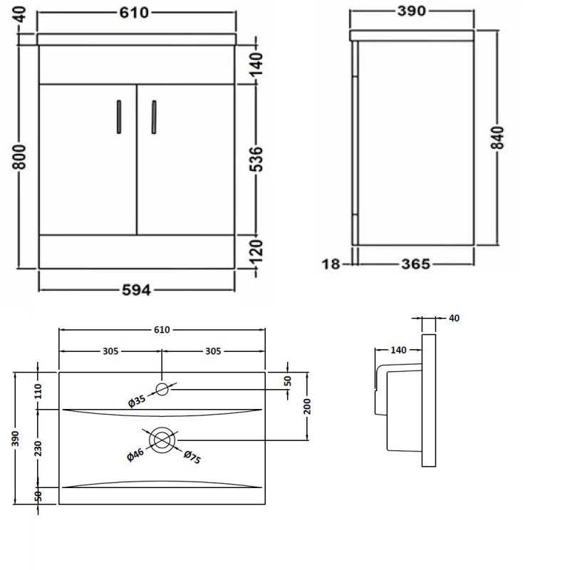 Nuie 2-Door Eden Floor Standing Vanity Unit and Basin 600mm Wide - 1 Gloss White - VTMW600E - 605mmx818mmx400mm
