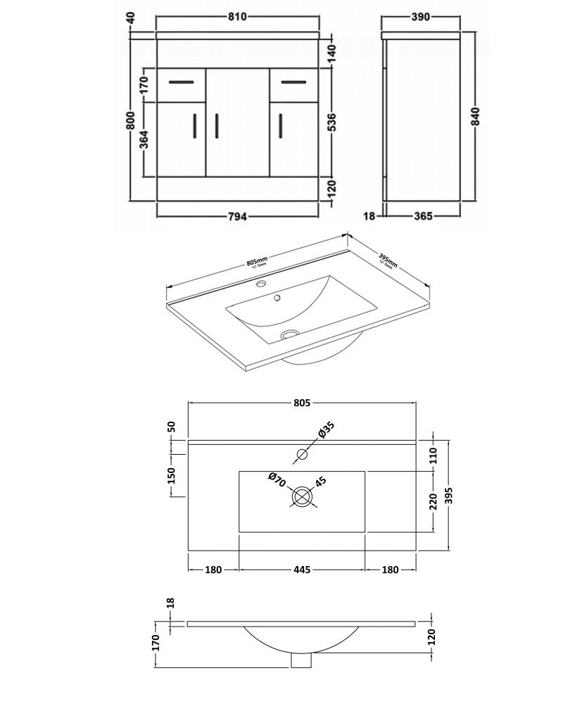 Nuie 3-Door Eden Floor Standing Vanity Unit and Basin-2 Gloss White - 800mm Wide - VTMW800 - 810mmx840mmx390mm