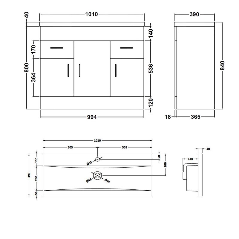 Nuie 3-Door Eden Floor Standing Vanity Unit and Basin-1 Gloss White - 1000mm Wide - VTNB1000 - 1010mmx840mmx390mm