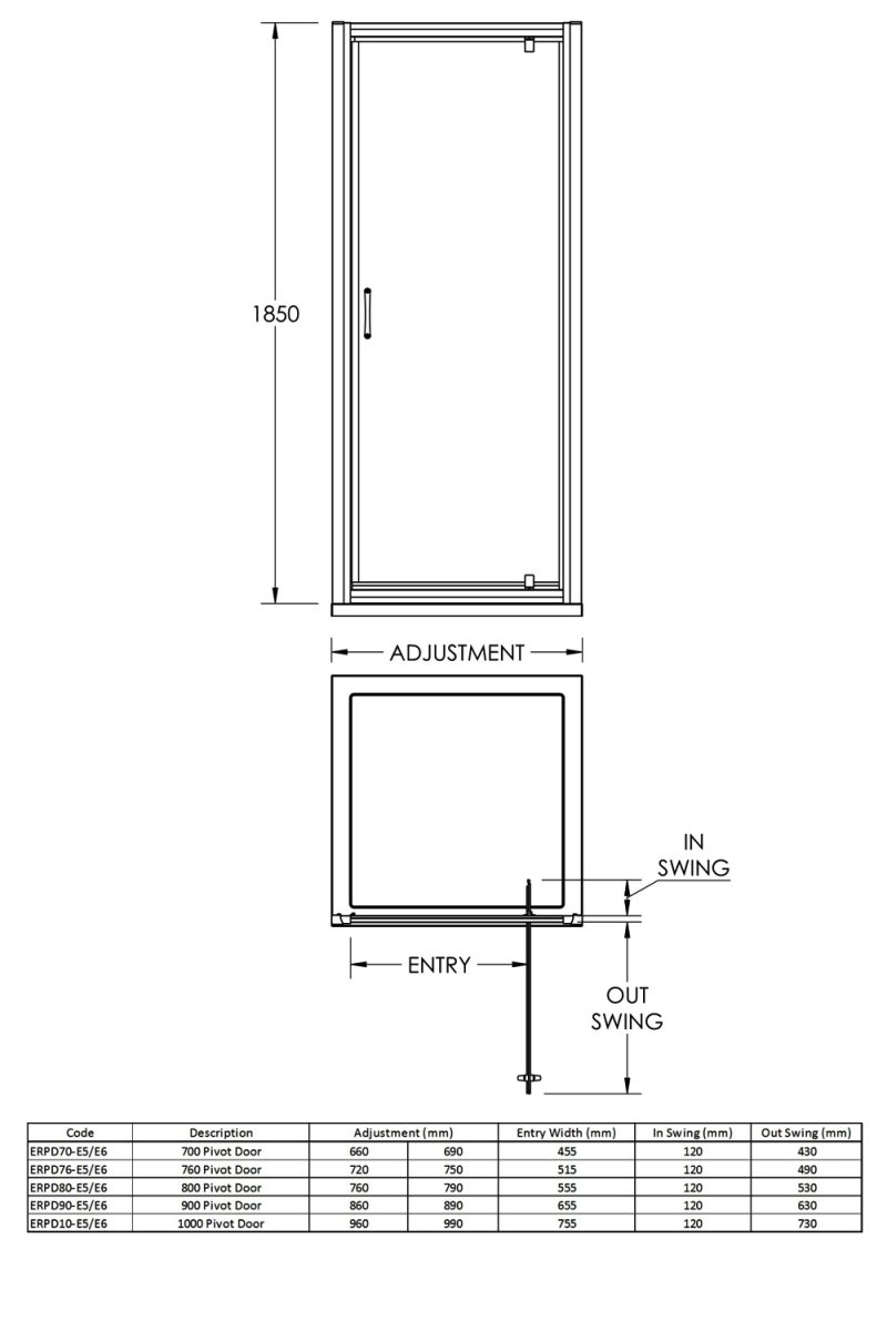 Nuie Ella Round Handle Pivot Shower Door 760mm Wide - 5mm Glass - ERPD76H5 - 760mmx1850mmx42mm