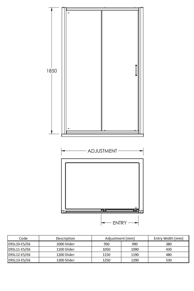 Nuie Ella Square Handle Sliding Shower Door 1200mm Wide - 5mm Glass - ERSL12H5 - 1200mmx1850mmx42mm