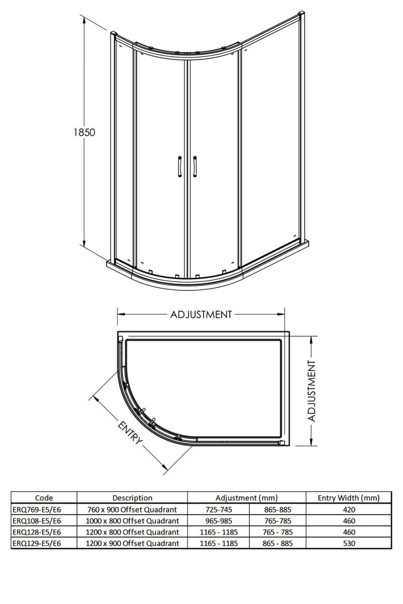 Nuie Ella 5mm Glass Offset Quadrant Shower Enclosure with Square Handle 1200mm x 900mm - Clear - ERQ129H5 - 1200mmx1850mmx900mm