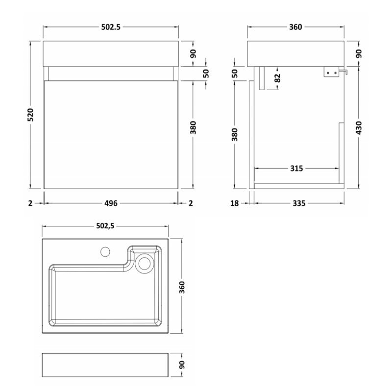 Nuie Merit Brown Grey Avola Contemporary 500 Single Door Wall Hung Vanity and Basin - MER004 - 502.5mmx520mmx360mm