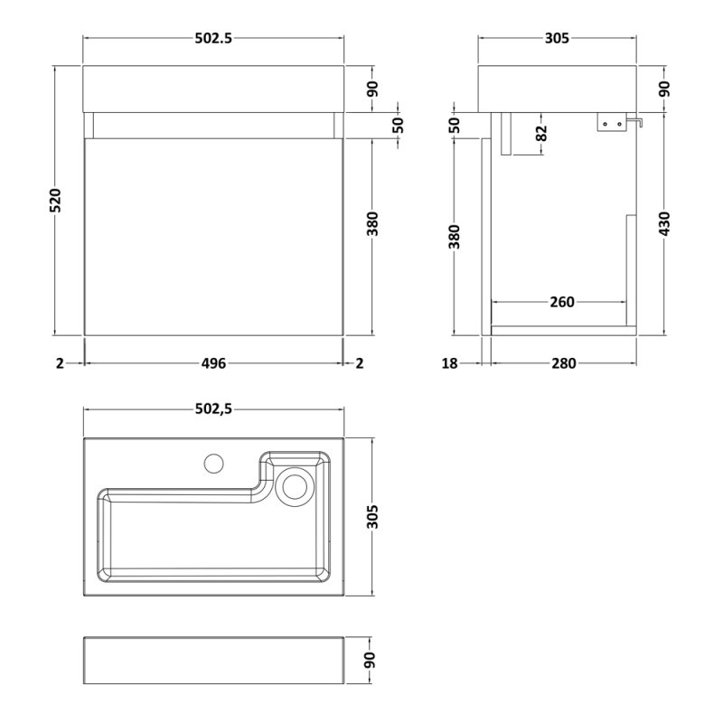 Nuie Merit 1-Door Wall Hung Vanity Unit with Slimline Basin 500mm Wide - Natural Oak - MER016 - 502.5mmx520mmx305mm