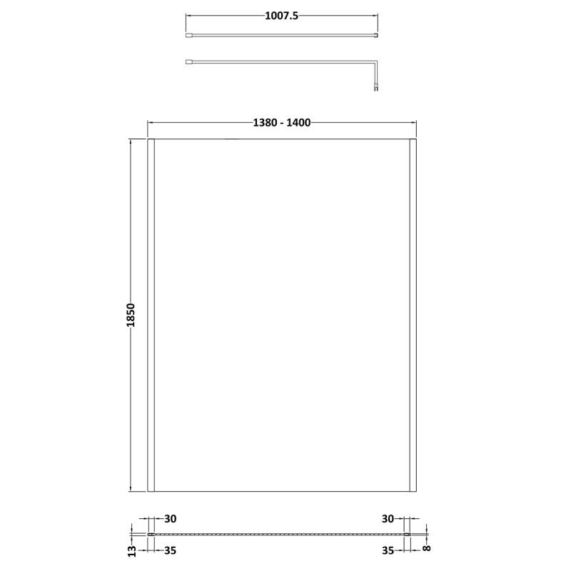 Nuie Outer Framed 8mm Glass Wetroom Screen 1400mm W x 1850mm H with Support Bar - Brushed Brass - WRSCOBB14 - 1400mmx1850mm