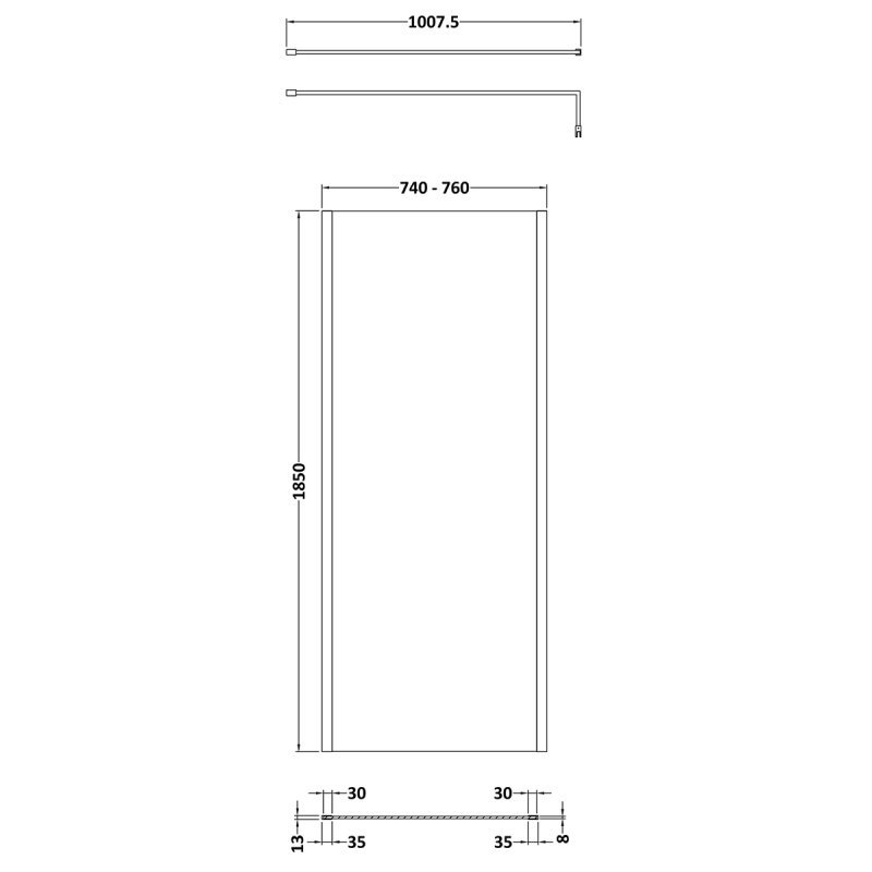 Nuie Outer Framed 8mm Glass Wetroom Screen 760mm Wide x 1850mm High with Support Bar - Brushed Brass - WRSCOBB76 - 760mmx1850mmx14mm
