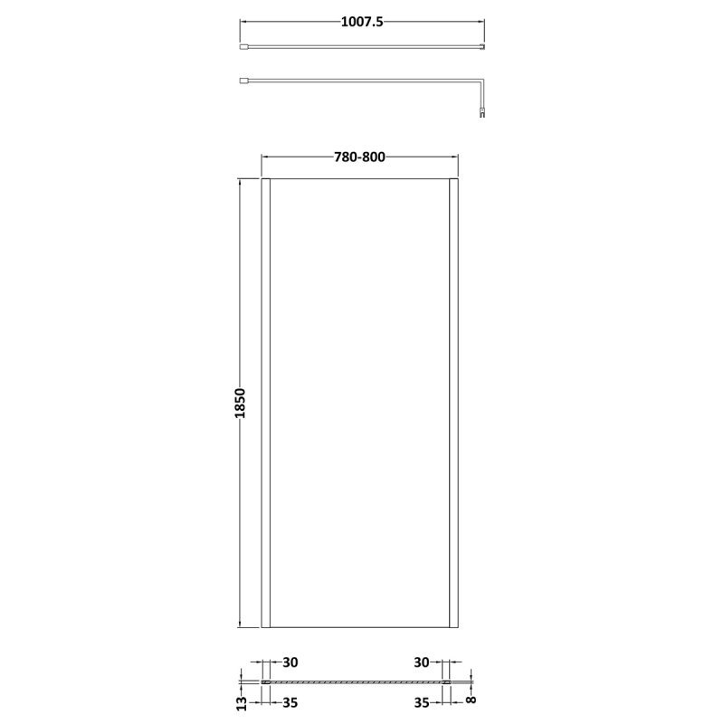 Nuie Outer Framed 8mm Glass Wetroom Screen 800mm Wide x 1850mm High with Support Bar - Brushed Brass - WRSCOBB80 - 800mmx1850mmx14mm