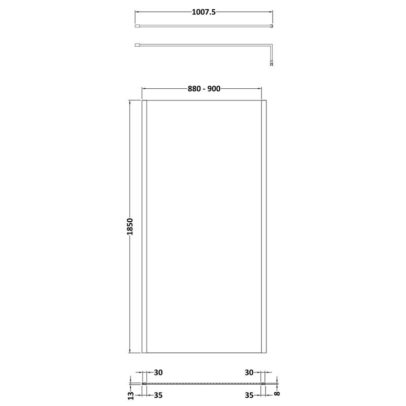 Nuie Outer Framed 8mm Glass Wetroom Screen 900mm W x 1850mm H - Brushed Brass - WRSCOBB90 - 900mmx1850mm