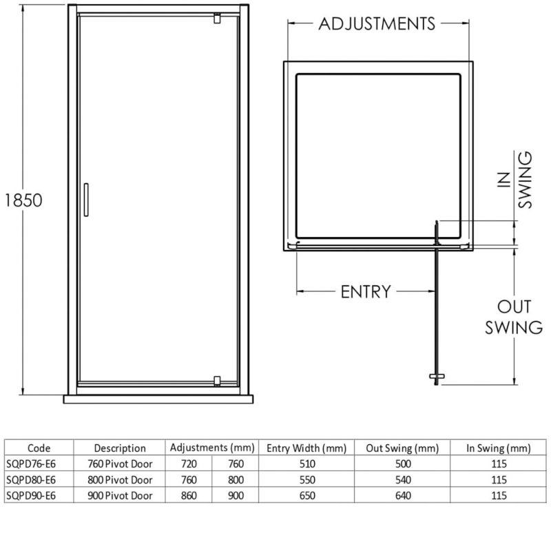 Nuie Pacific Profile Pivot Shower Door Black 760mm Wide - 6mm Glass - SQPD76BP - 760mmx1850mmx44mm