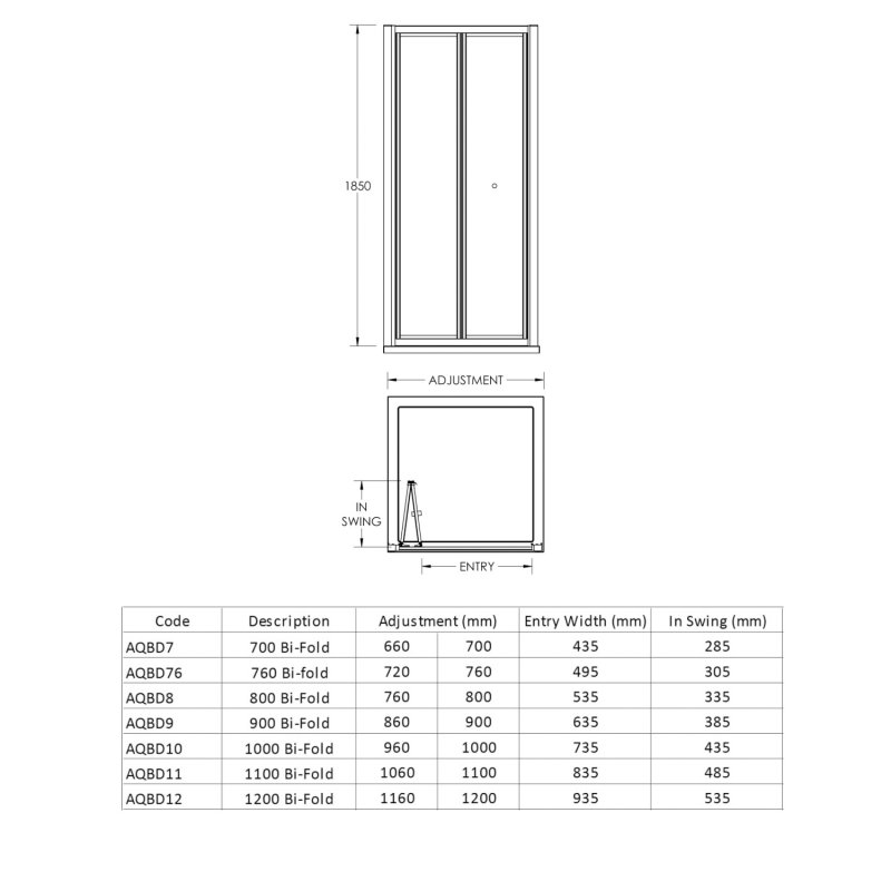 Nuie Pacific Contemporary Bi-Fold Door Polished Chrome 1000mm - AQBD10 - 1000mmx1854mmx45mm
