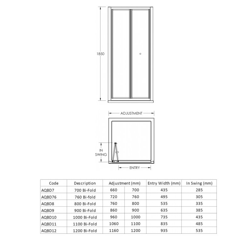 Nuie Pacific Contemporary Bi-Fold Door Polished Chrome 1100mm - AQBD11 - 1100mmx1854mmx45mm