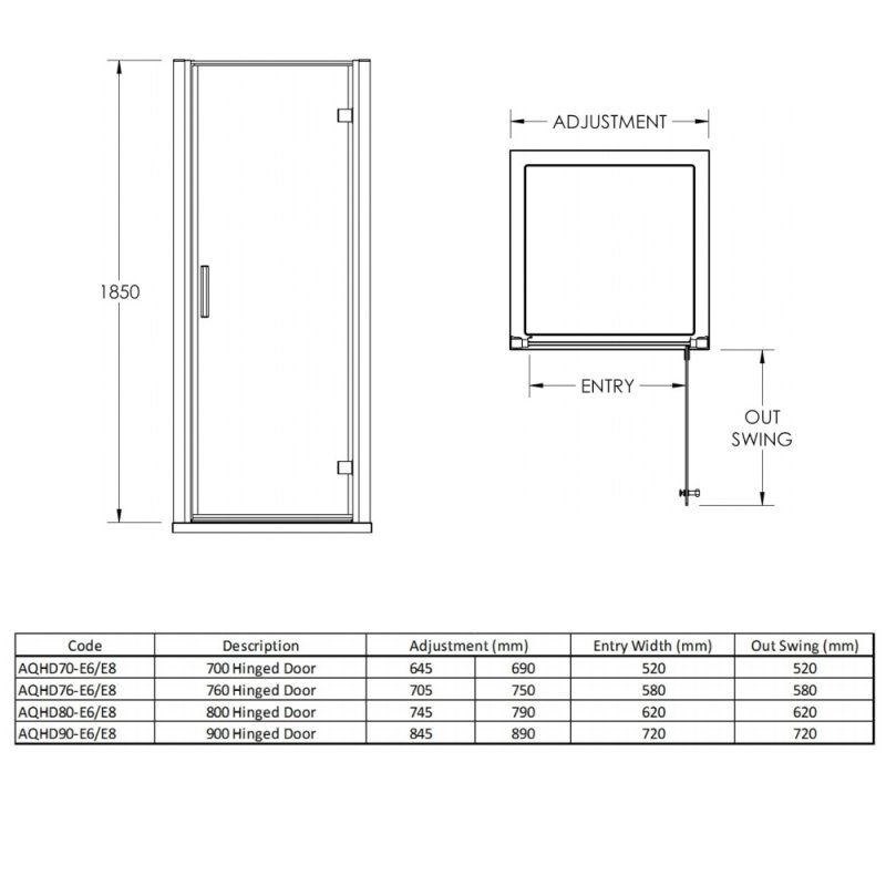 Nuie Pacific Contemporary Hinged Door Polished Chrome 800mm - AQHD80 - 790mmx1850mmx44mm