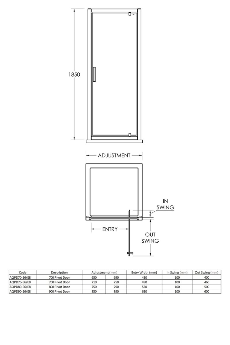 Nuie Pacific Round Handle Pivot Shower Door 760mm Wide - 6mm Glass - AQPD76H3 - 760mmx1850mmx44mm