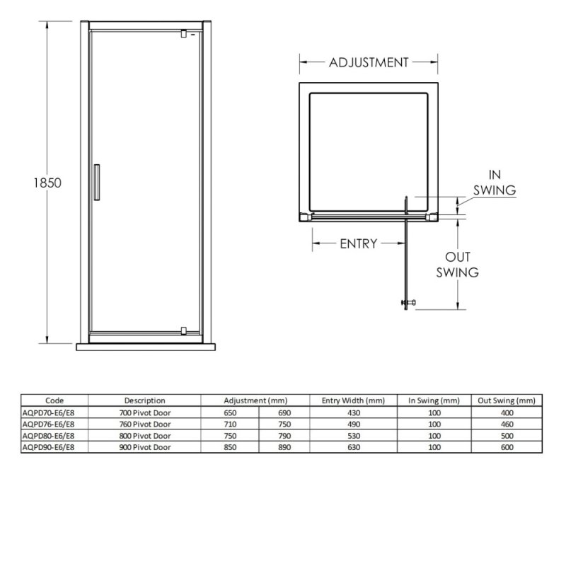 Nuie Pacific Contemporary Pivot Door Polished Chrome 800mm - AQPD80 - 790mmx1850mmx44mm