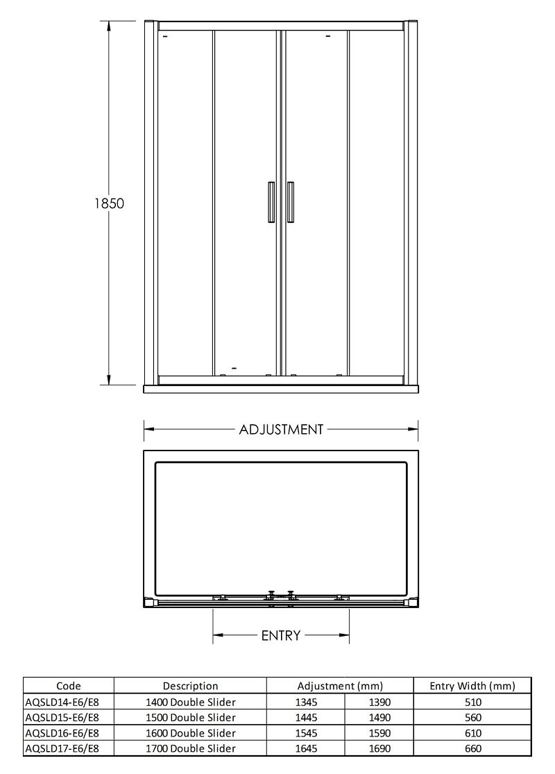 Nuie Pacific Double Contemporary Sliding Shower Door Polished Chrome 1400mm - AQSLD14 - 1390mmx1850mmx44mm