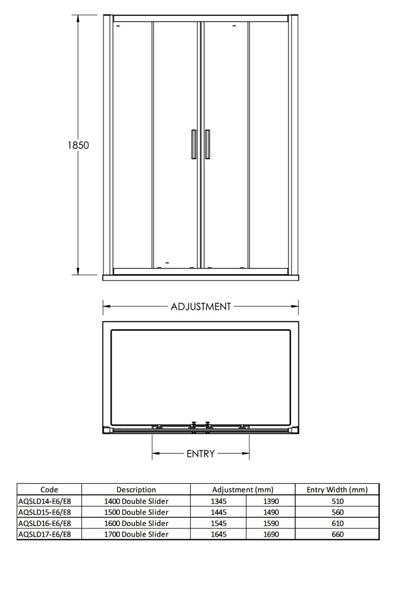 Nuie Pacific Round Handle Double Sliding Shower Door 1400mm Wide - 6mm Glass - AQSLD14H3 - 1400mmx1850mmx44mm