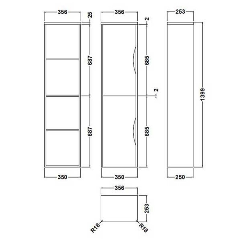Nuie Tall Wall Mounted Parade Cupboard Unit 350mm Wide - Gloss White - PMP163 - 356mmx13999mmx253mm