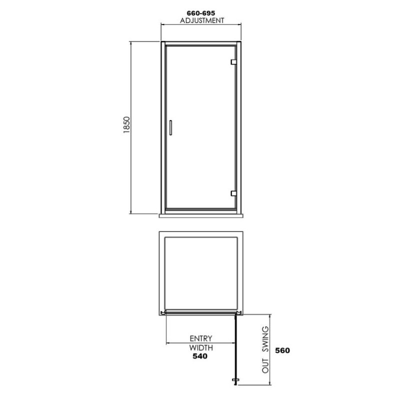 Nuie Rene Matt Black Profile Hinged Shower Door 700mm Wide - 6mm Glass - SQHD70BP - 700mmx1850mmx44mm