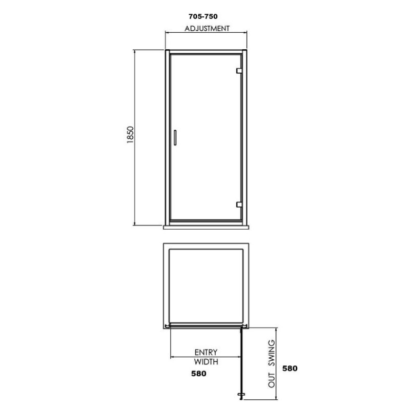 Nuie Rene Satin Chrome Profile Hinged Shower Door 760mm Wide - 6mm Glass - SQHD76 - 760mmx1850mmx44mm