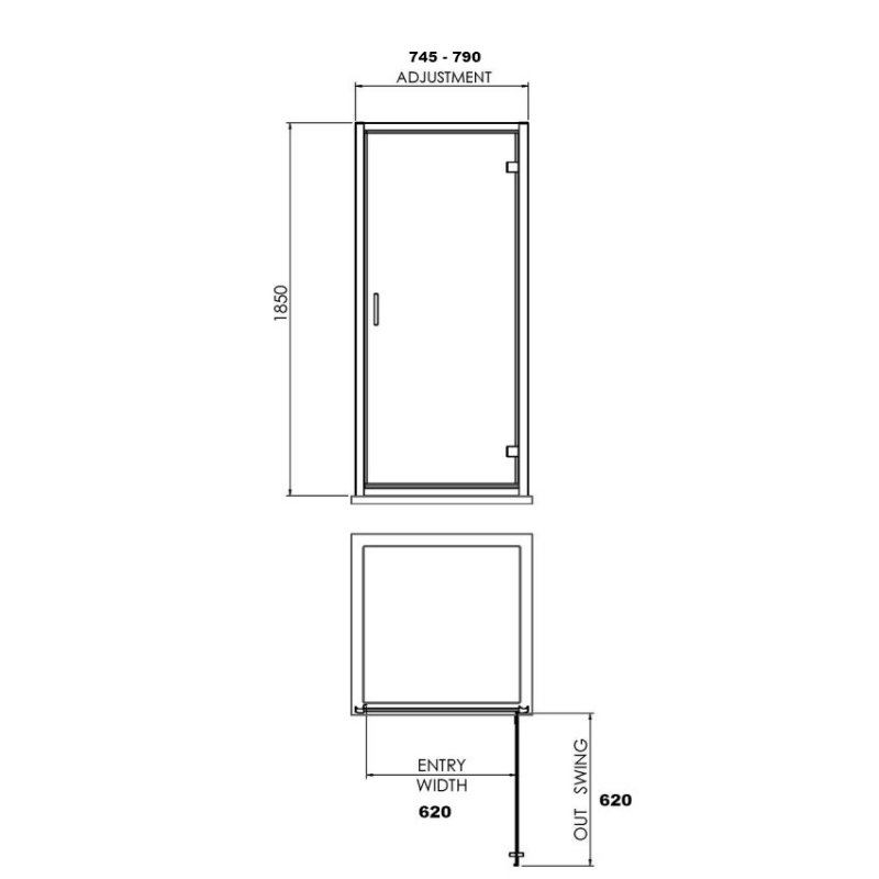 Nuie Rene Satin Chrome Profile Hinged Shower Door 800mm Wide - 6mm Glass - SQHD80 - 800mmx1850mmx44mm