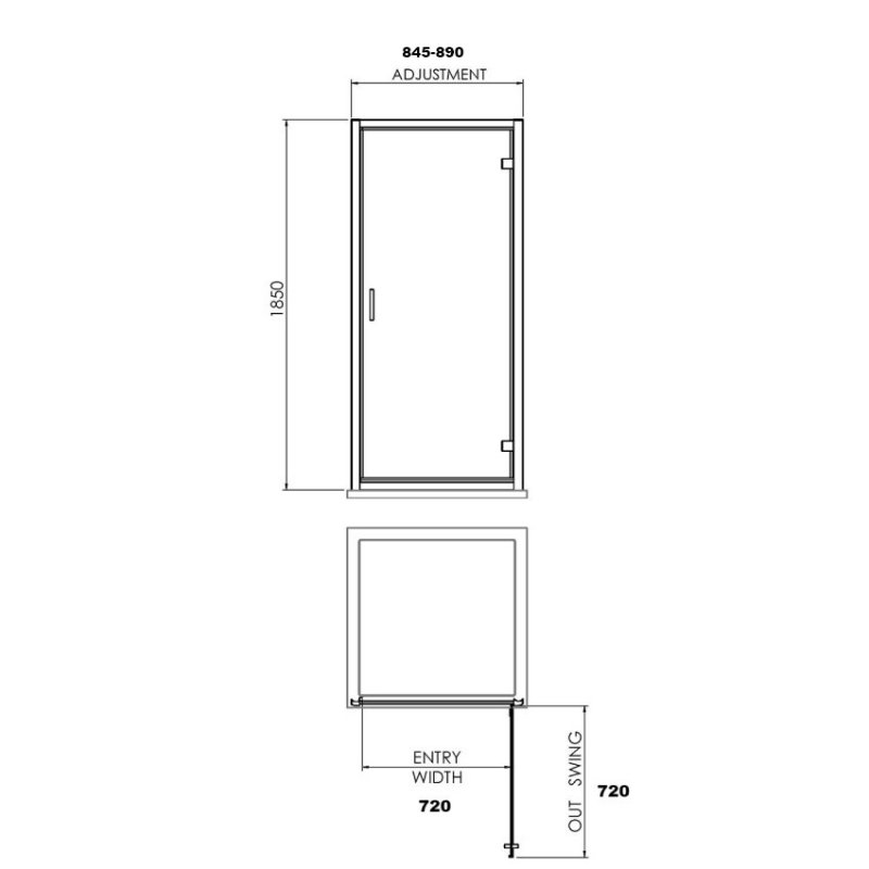 Nuie Rene Satin Chrome Profile Hinged Shower Door 900mm Wide - 6mm Glass - SQHD90 - 900mmx1850mmx44mm