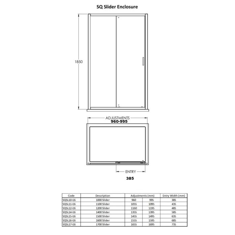 Nuie Rene Satin Chrome Profile Sliding Shower Door 1000mm Wide - 6mm Glass - SQSL10 - 1000mmx1850mmx44mm