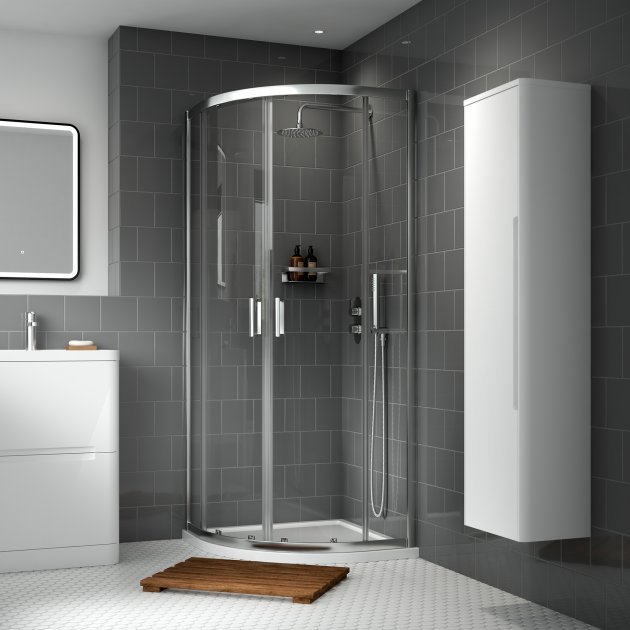 Nuie Rene 6mm Glass Quadrant Shower Enclosure 900mm x 900mm with Satin Chrome Profile - Clear - SQU9 - 900mmx1850mmx900mm