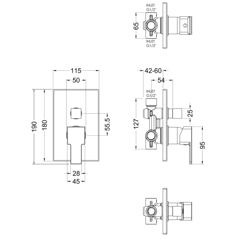 Nuie Sanford Single Handle Manual Concealed Shower Valve with Diverter - Chrome - SANMV12 - 115mmx180mmx110mm