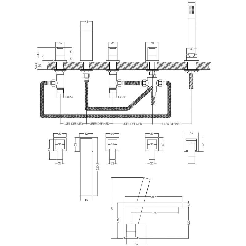 Nuie Sanford 5-Hole Pillar Mounted Bath Shower Mixer Tap - Chrome - SAN314 - 535mmx135mmx217mm