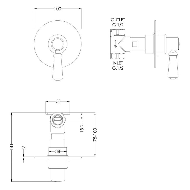 Nuie Sanford Single Handle Manual Concealed Shower Valve - Chrome - SANMV10 - 80mmx120mmx113mm
