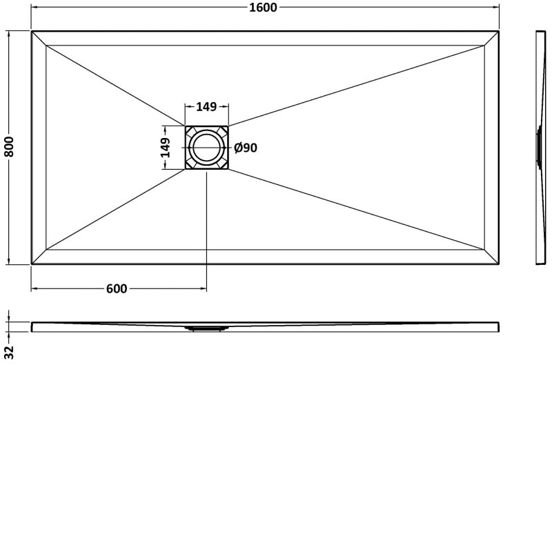 Nuie Slimline Slate 1600mm x 800mm Rectangular Shower Tray - Black - NLT91053 - 1600mmx32mmx800mm