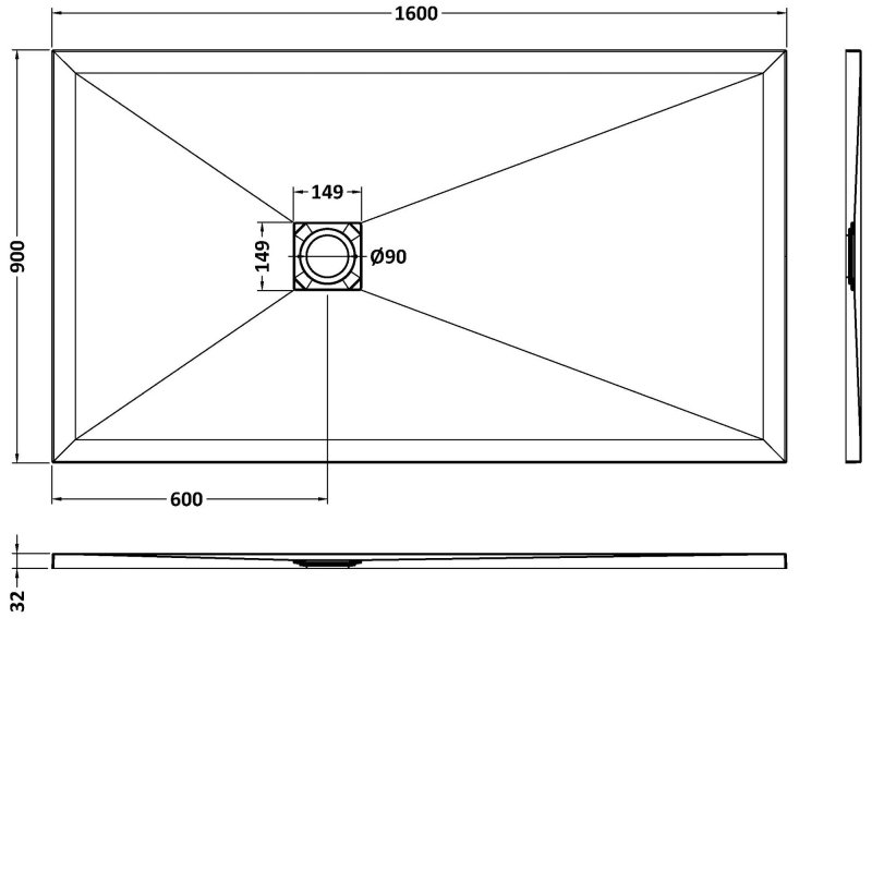 Nuie Slimline Slate 1600mm x 900mm Rectangular Shower Tray - Black - NLT91054 - 1600mmx32mmx900mm