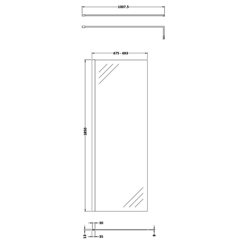 Nuie 8mm Glass with Support Bar Wet Room Screen 1850mm High x 700mm Wide - Brushed Brass - WRSCBB070 - 700mmx1850mmx14mm
