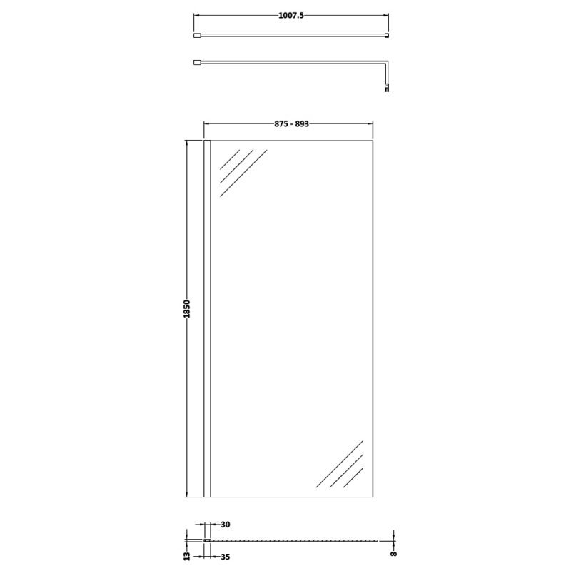 Nuie 8mm Glass Wet Room Screen 1850mm x 900mm Wide with Support Bar - Brushed Brass - WRSCBB090 - 900mmx1850mmx14mm