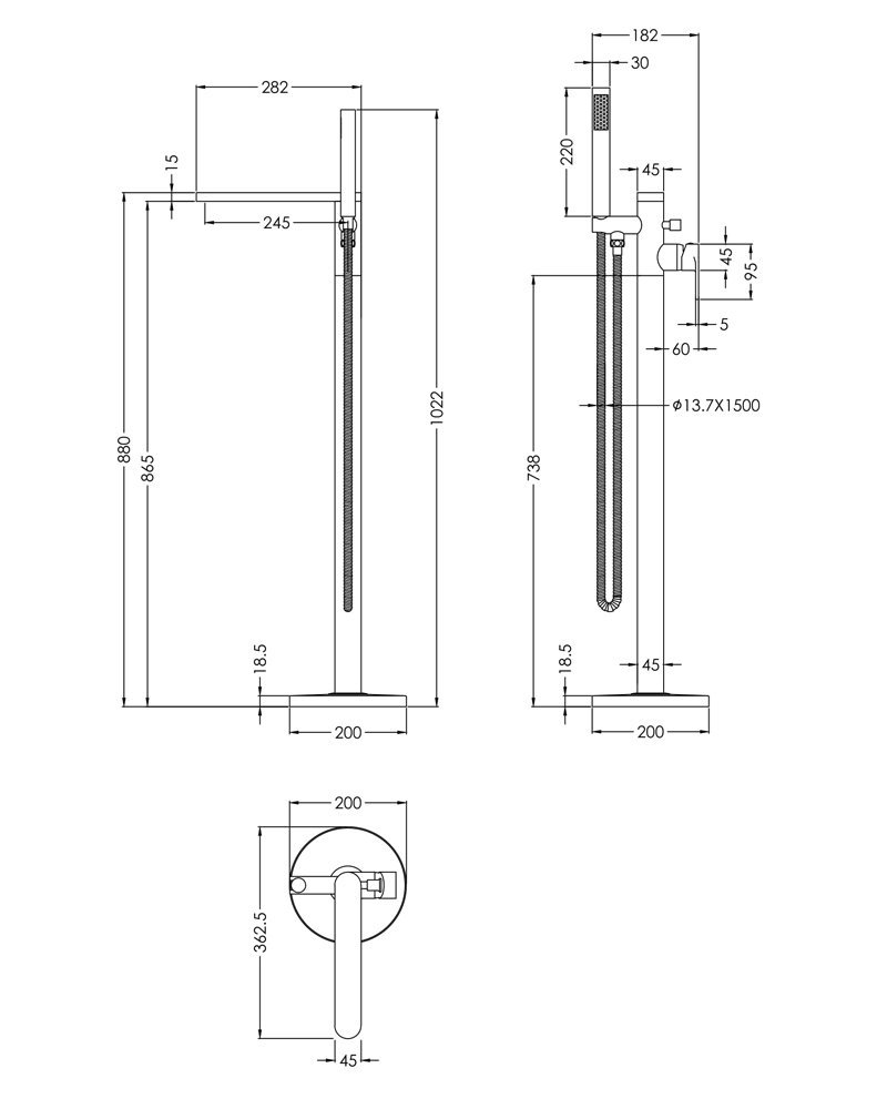 Nuie Windon Modern Freestanding Bath Shower Mixer Tap with Shower Kit - Brushed Brass - WIN821 - 180mmx880mmx357mm