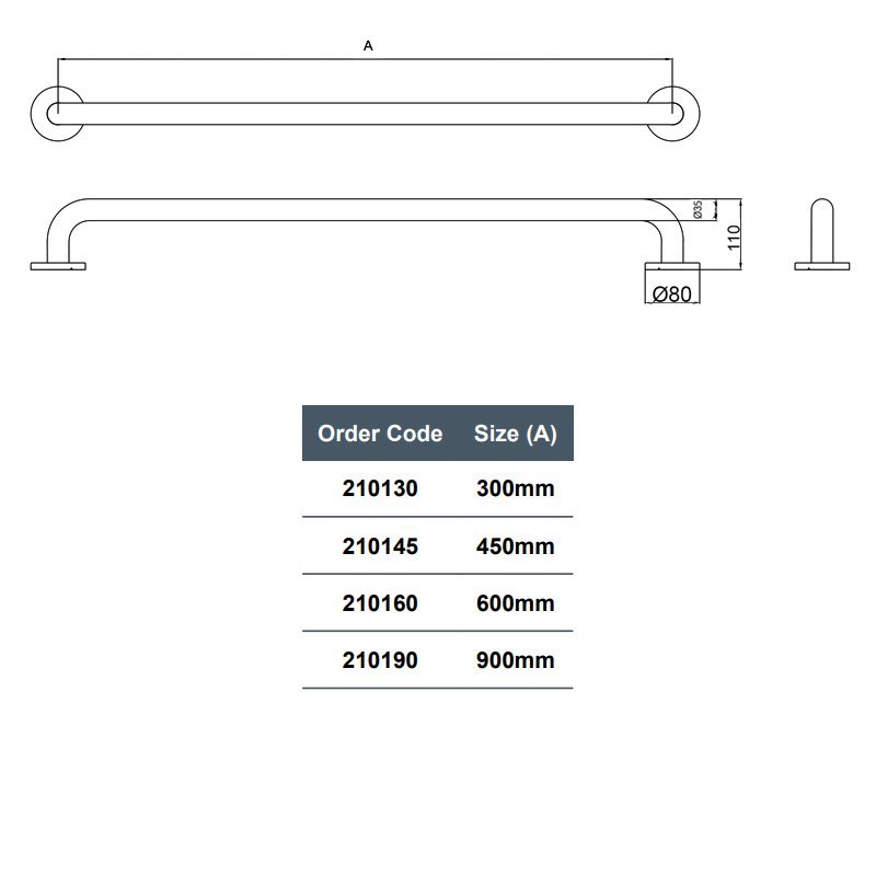 Nymas NymaPRO Stainless Steel Grab Rail 35mm Diameter 300mm Length - White - 210130/WH