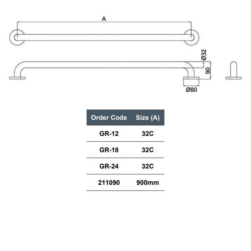 Nymas NymaPRO Stainless Steel Grab Rail 32mm Diameter 600mm Length - Satin - GR-24/32C/SS