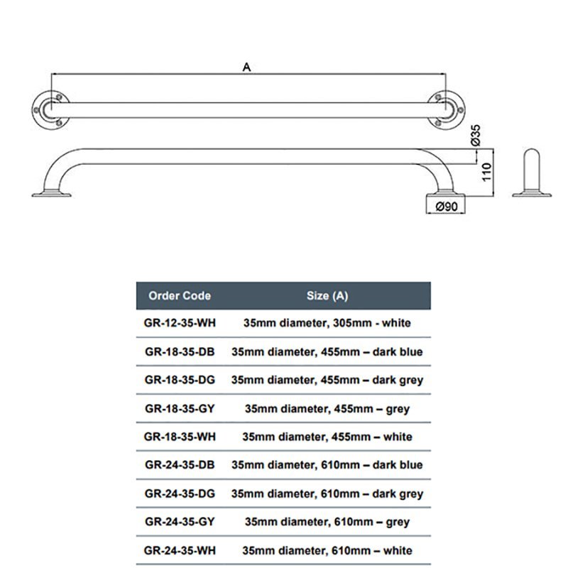 Nymas NymaPRO Round Flange Robust Steel Grab Rail 35mm Diameter 305mm Length - White - GR-12/35/WH